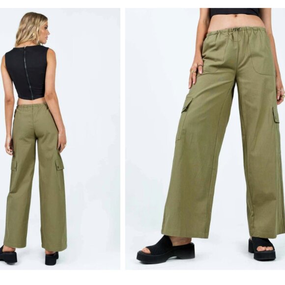 Princess Polly Olive Green Cargo Utility Pants size 2 XS elastic waist - Picture 2 of 7